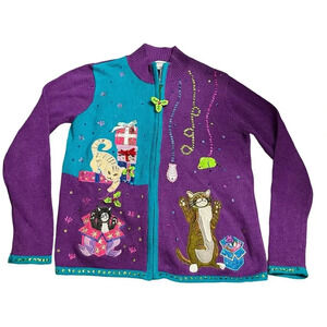 Heirloom Collectibles Vintage Christmas Cat Cardigan Sweater Small Art To Wear